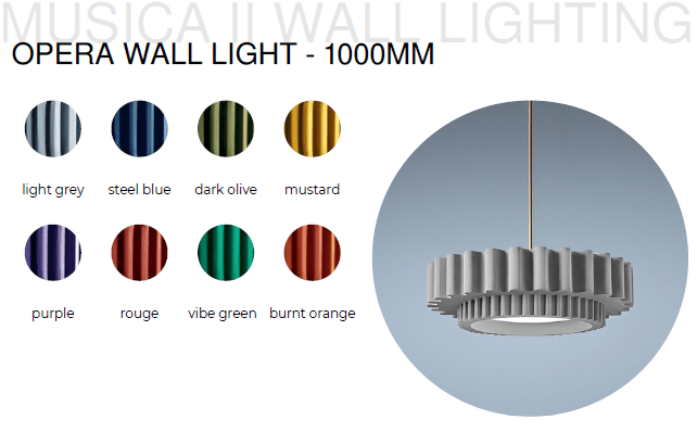 A light grey "Opera Wall Light - 1000mm" with colour swatches including steel blue, dark olive, mustard, rouge, vibe green, and burnt orange.