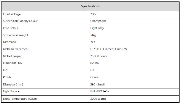 Small opera pendant Specifications