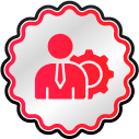 A red and black icon with a person in a tie and a gear, representing management or administration.